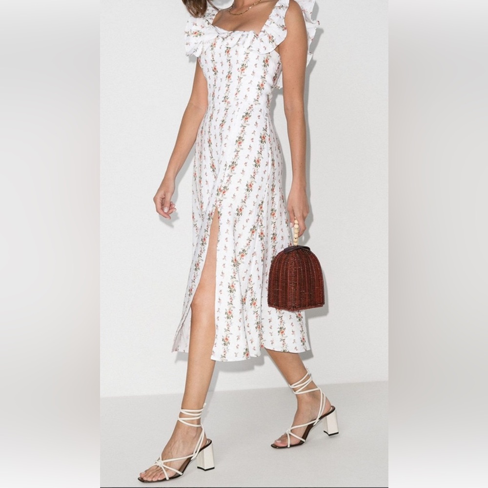Reformation Amethyst Ruffle Neck Linen Midi Dress